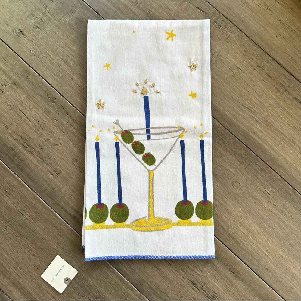 NWT Anthropologie Noun Hanukkah Holiday Martini Cocktail Menorah Tea Dish Towel - Picture 2 of 3